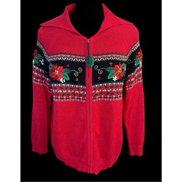 Dress Barn Holiday Cardigan Full Zip Embroidery Poinsettias Plus 1X Vtg - Picture 2 of 15